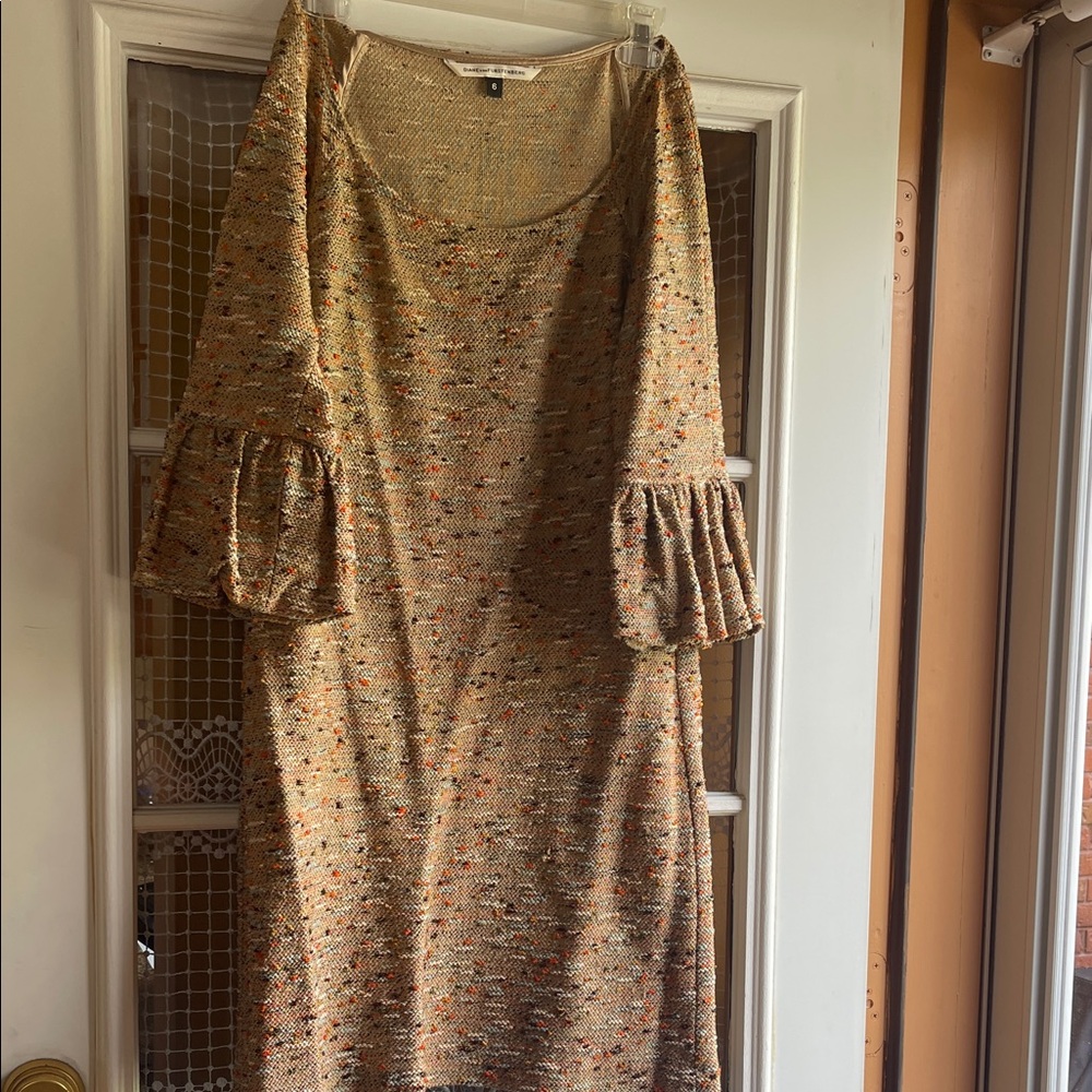 Diane Von Furstenberg Multitone Tan Knit Mini Dress with Bell Sleeves